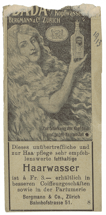 “Dada Haarwasser” (Dada hair tonic) and “Dada Kopfwasser“ (Dada scalp tonic), 1913/1914, Bergmann & Co.