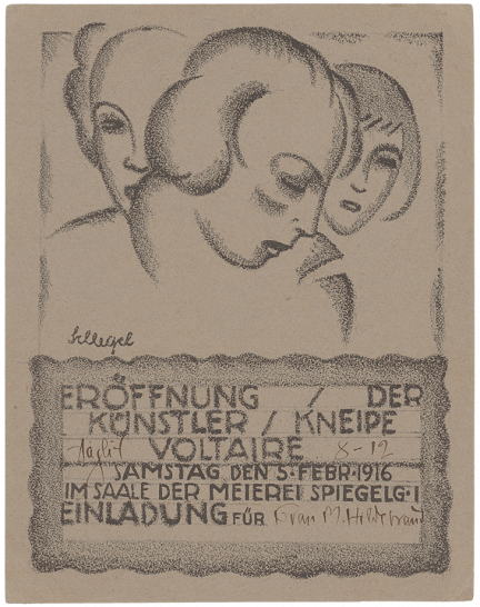 Karl Schlegel, Einladungskarte zur Eröffnung der Künstler-Kneipe Voltaire, 1916